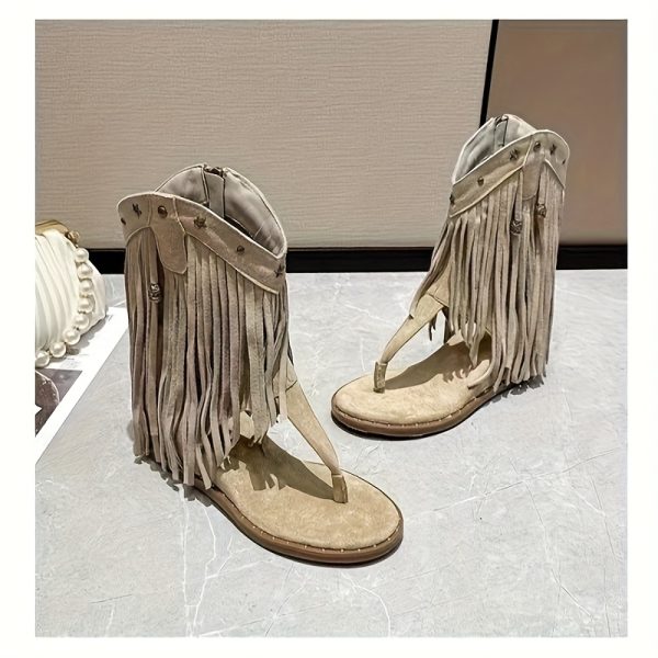 bohemia tassel retro sandals boots for women western flip flops hidden wedge heel boots with side zipper roman style studded thong sandals