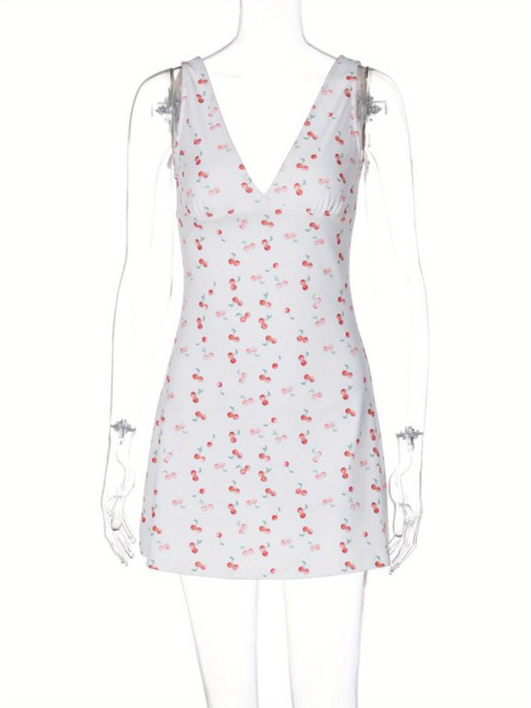 women mini dress cherry print deep v neck sleeveless dress summer casual a line dress