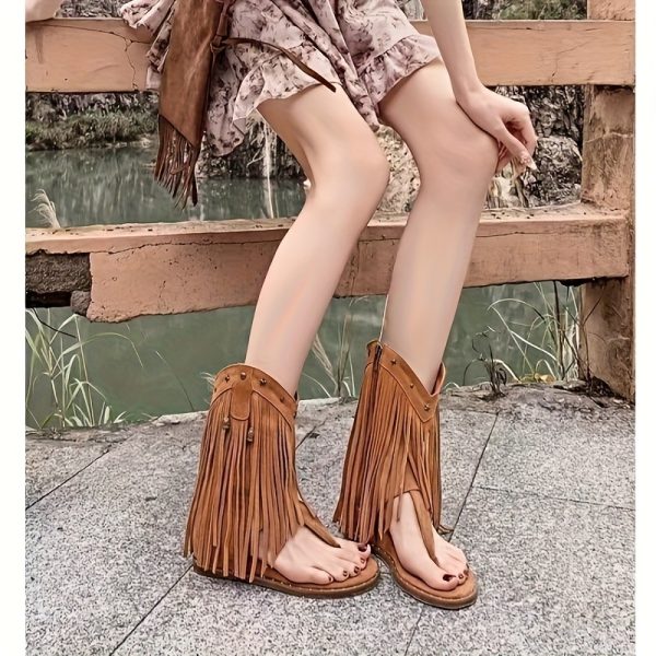 bohemia tassel retro sandals boots for women western flip flops hidden wedge heel boots with side zipper roman style studded thong sandals