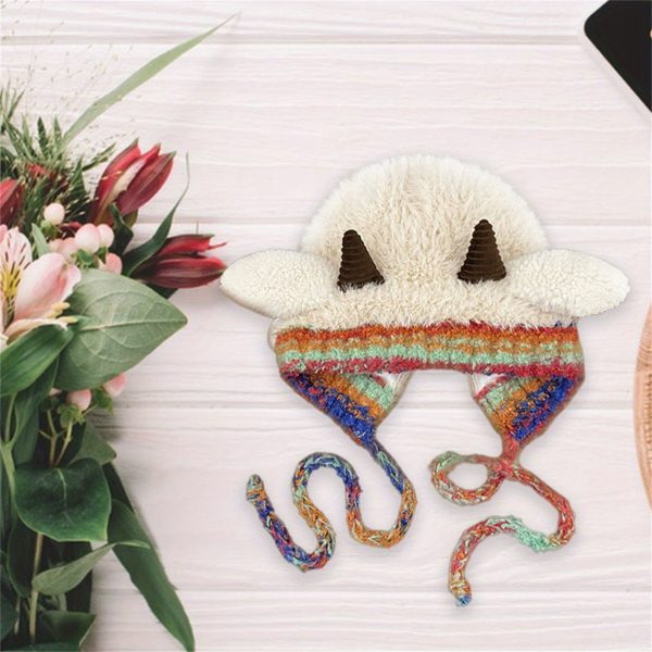 adult sheep hat with straps cute lamb ear flap furry beanie, thick lining & contrast color design, elastic crochet hat for daily wear & costume parties, hand washable
