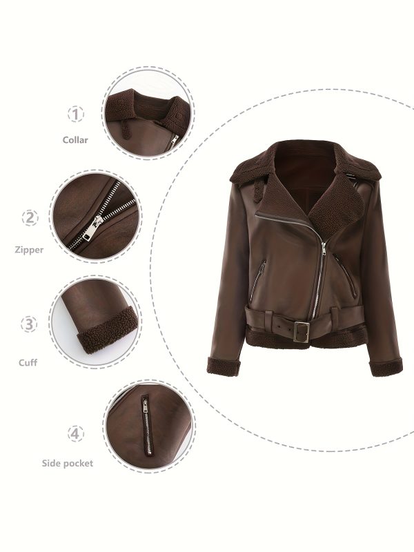 women's autumn winter warm suede jacket with belt & lapel collar casual long sleeve button front zipper closure, machine washable solid color regular fit for everyday casual wear
