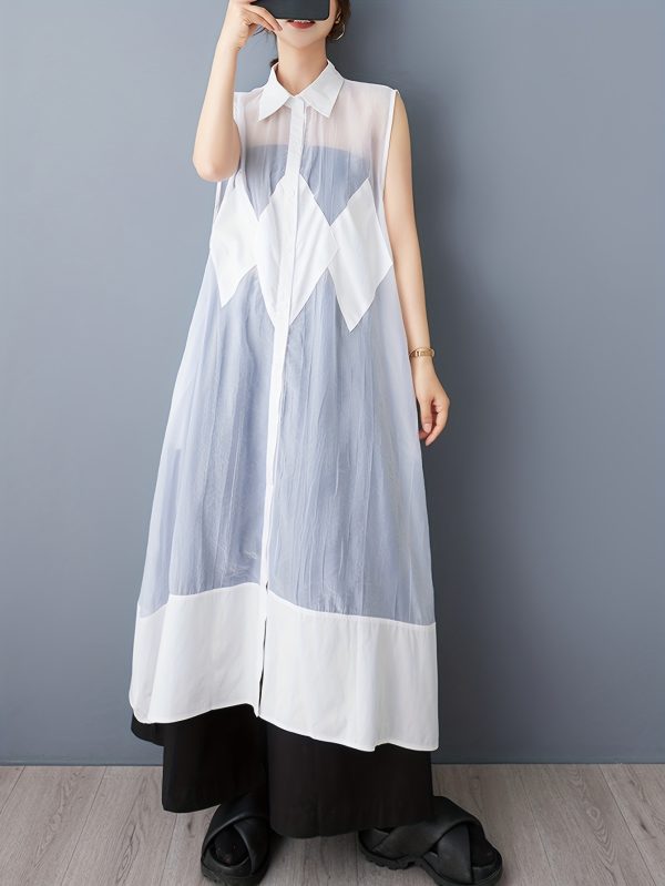 elegant organza vest dress lightweight elegant sleeveless organza vest dress | diamond pattern & mesh detail, black & white design | perfect for summer casual wear for women
