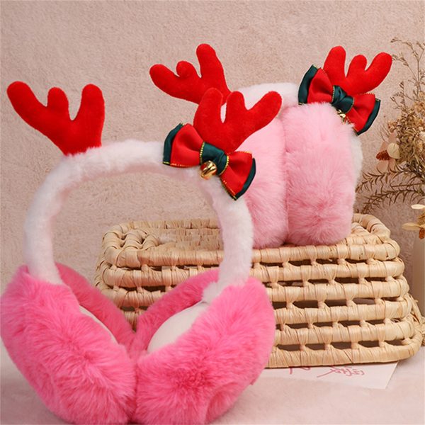 foldable reindeer antler plush earmuffs cozy thickened fur winter ear warmers, red & white with green bow, corduroy material, hand wash only, perfect for christmas outdoor cold protection