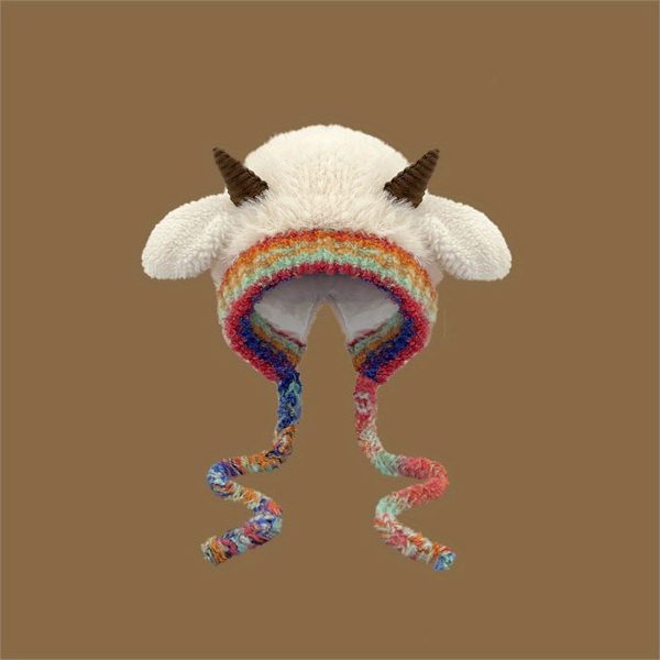 adult sheep hat with straps cute lamb ear flap furry beanie, thick lining & contrast color design, elastic crochet hat for daily wear & costume parties, hand washable