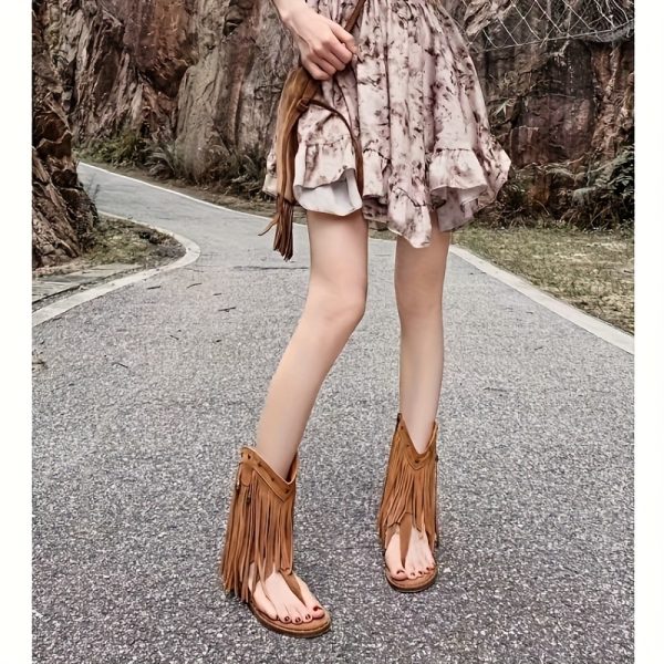 bohemia tassel retro sandals boots for women western flip flops hidden wedge heel boots with side zipper roman style studded thong sandals