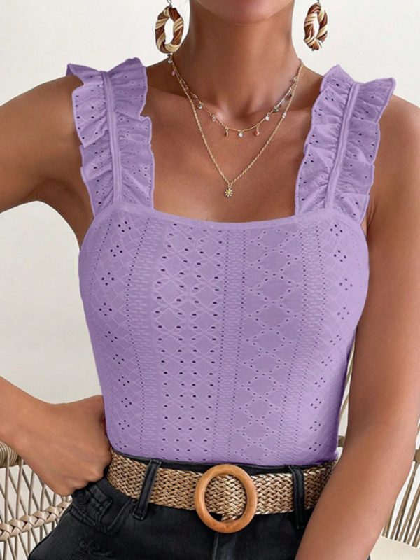 scacto 2025 sleeveless tank top with ruffle straps & square neck eyelet, slim fit blouse beige, breathable polyester, perfect for springu002fsummer, casual attire, casual attire|ruffle strap top|breathable fabric