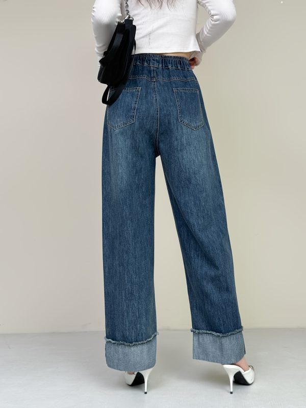 women's floral embroidered baggy jeans elastic waist wide leg denim pants, relaxed fit lightweight all season casual & formal outfits, 2025 new design, ladies jeans, versatile clothing, detailed embroidery