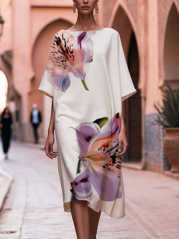 foofo women's elegant floral print midi dress semi sheer white with vibrant purple & orange flowers, boat collar, loose fit for weddings, parties, vacations & commute, summer fashion, flowy fabric