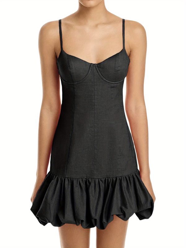 women mini dress solid color spaghetti strap sleeveless dress summer fashion bubble hem casual cami dress