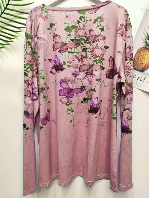 floral & butterfly print crew neck t shirt, casual long sleeve top for spring & fall, women's clothing
