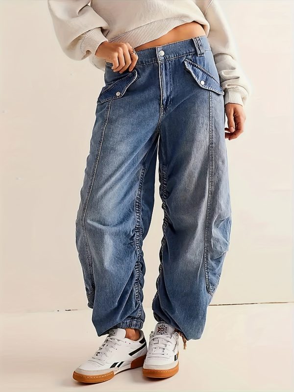 women's fashion non stretch washed blue pleated ankle length loose jeans, four season outdoor style, machine washable, suitable for daily home, work campus, airport wear.