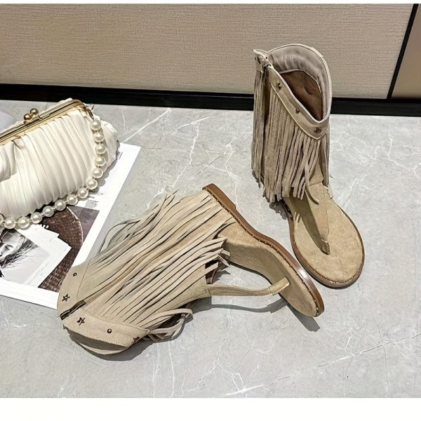 bohemia tassel retro sandals boots for women western flip flops hidden wedge heel boots with side zipper roman style studded thong sandals