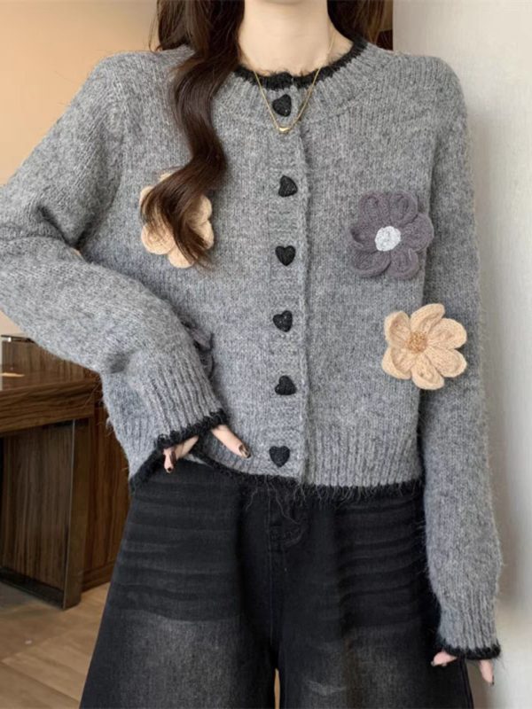 scacto women's elegant v neck cardigan soft gray sweater with floral embellishments, long sleeve, button up front, perfect for autumnu002fwinter, casual & formal wear, sweater cardigan