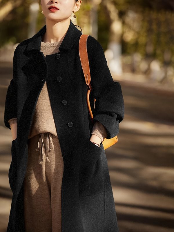 women's elegant coat, long sleeve, solid color, regular fit, h shape, autumnu002fwinter fashion, no belt, with pockets, polyester fabric, special collection