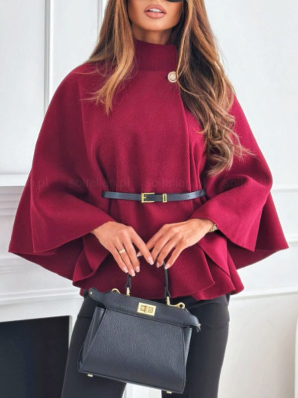 elegant women's cape coat chic gray long sleeve belted jacket with stand collar, warm & stylish for fallu002fwinter, loose fit, non stretch fabric, perfect for casual or formal occasions, winter outerwear | belted cape | nonstretch fabric