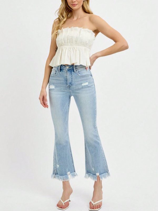 womens casual retro boho chic frayed hem flared bell bottom jeans high waist light blue wash ankle length distressed denim pants perfect for spring summer daily wear street style fashion