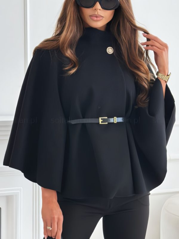 elegant women's cape coat chic gray long sleeve belted jacket with stand collar, warm & stylish for fallu002fwinter, loose fit, non stretch fabric, perfect for casual or formal occasions, winter outerwear | belted cape | nonstretch fabric