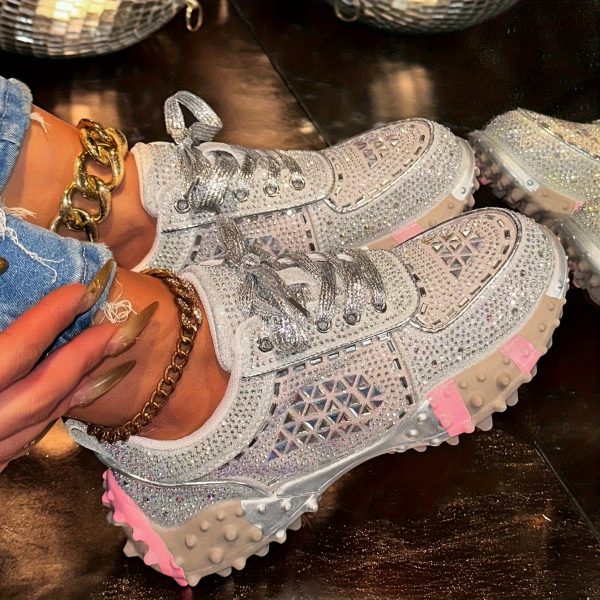 women's rhinestone embellished low top sneakers comfortable pu cover casual shoes with lace up closure, round toe & rubber sole for all season wear, allseason footwear | rhinestone embellished shoes | durable rubber sole