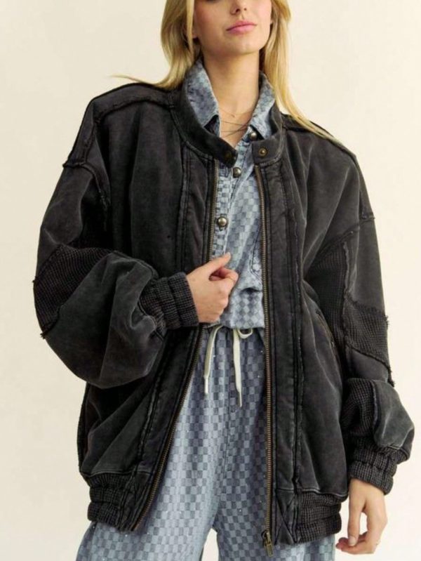 women's casual jacket vintage waffle knit exposed seam outerwear zipper closure black comfy cotton long sleeves relaxed fit mid length ideal for springu002ffallu002fwinter everyday wear