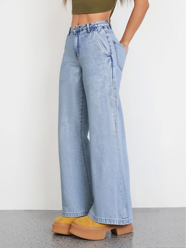elegant retro washed blue jeans for ladies wide leg non see through trousers, suitable for both daily and formal wear throughout the four seasons high quality fabric that is durable and long lasting, classic design, fashionable and versatile