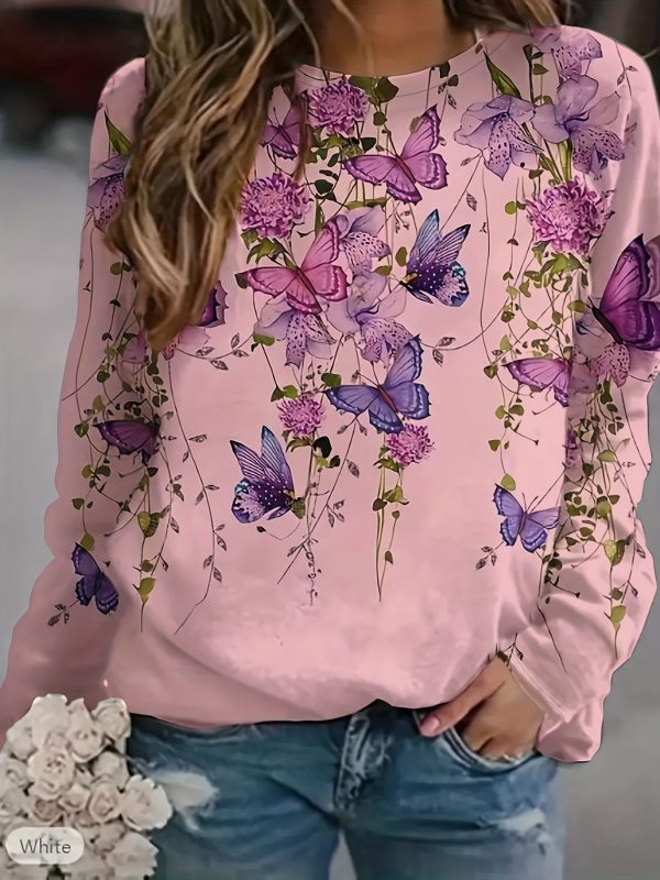 floral & butterfly print crew neck t shirt, casual long sleeve top for spring & fall, women's clothing