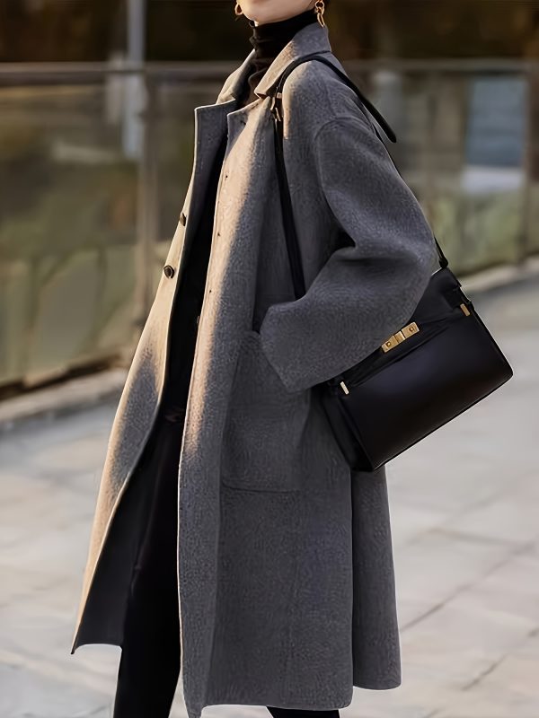 women's elegant coat, long sleeve, solid color, regular fit, h shape, autumnu002fwinter fashion, no belt, with pockets, polyester fabric, special collection