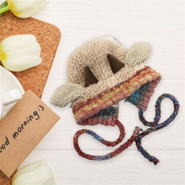 adult sheep hat with straps cute lamb ear flap furry beanie, thick lining & contrast color design, elastic crochet hat for daily wear & costume parties, hand washable