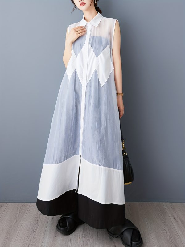 elegant organza vest dress lightweight elegant sleeveless organza vest dress | diamond pattern & mesh detail, black & white design | perfect for summer casual wear for women