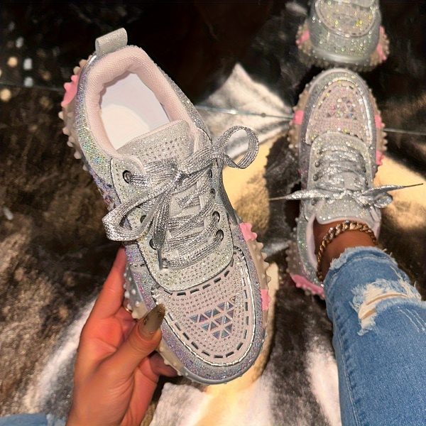 women's rhinestone embellished low top sneakers comfortable pu cover casual shoes with lace up closure, round toe & rubber sole for all season wear, allseason footwear | rhinestone embellished shoes | durable rubber sole