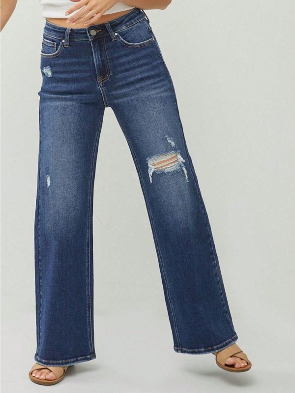 womens casual jeans high rise distressed wide leg denim pants dark wash full length classic 5 pocket design zip fly with button closure versatile casual wear springu002ffallu002fwinter features light distressing for a fashion look