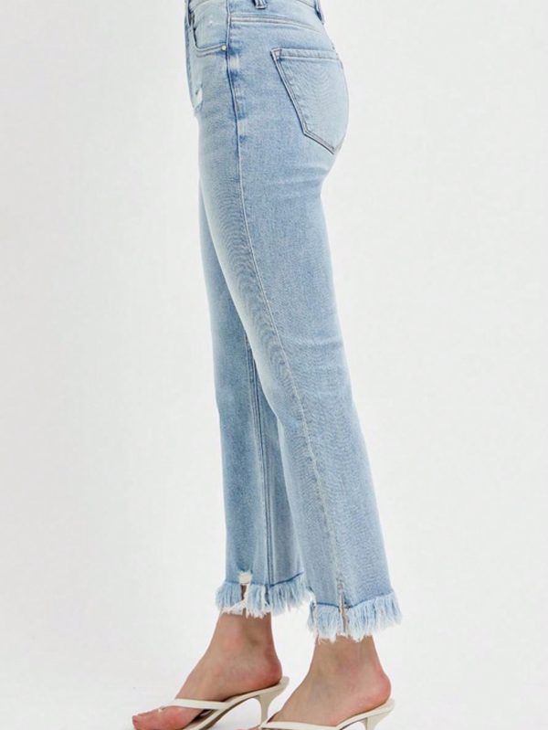 womens casual retro boho chic frayed hem flared bell bottom jeans high waist light blue wash ankle length distressed denim pants perfect for spring summer daily wear street style fashion