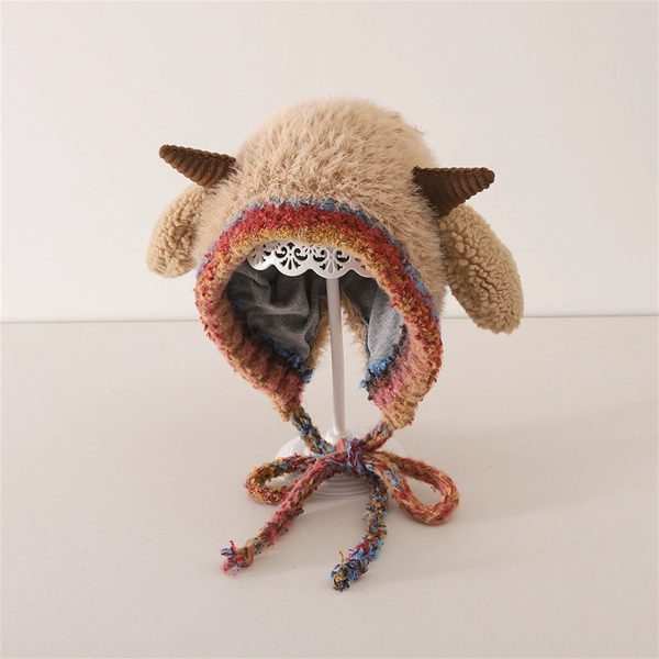 adult sheep hat with straps cute lamb ear flap furry beanie, thick lining & contrast color design, elastic crochet hat for daily wear & costume parties, hand washable