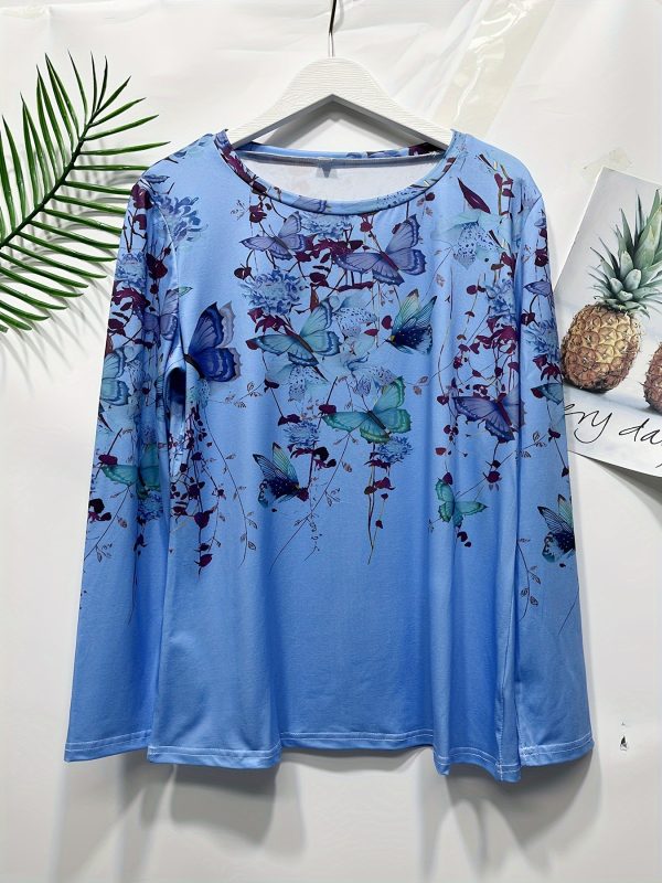 floral & butterfly print crew neck t shirt, casual long sleeve top for spring & fall, women's clothing