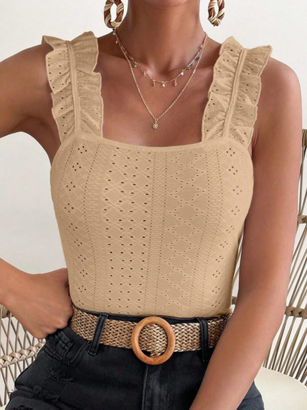 scacto 2025 sleeveless tank top with ruffle straps & square neck eyelet, slim fit blouse beige, breathable polyester, perfect for springu002fsummer, casual attire, casual attire|ruffle strap top|breathable fabric