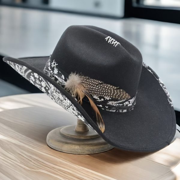 1pc oiernfe women's polyester cowboy hat with artificial feather, hand seam printed fabric, multi layer fashion chain, lightweight, non stretch, thanksgiving occasion, retro style