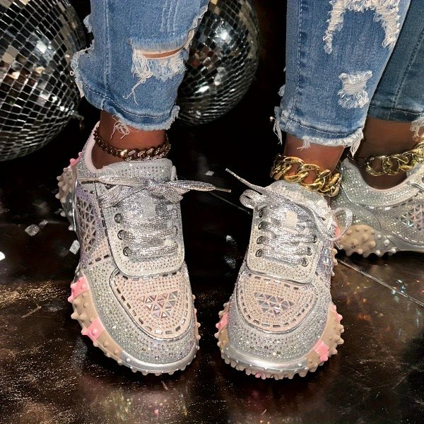 women's rhinestone embellished low top sneakers comfortable pu cover casual shoes with lace up closure, round toe & rubber sole for all season wear, allseason footwear | rhinestone embellished shoes | durable rubber sole