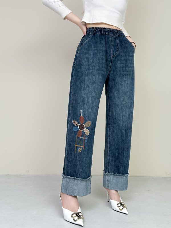 women's floral embroidered baggy jeans elastic waist wide leg denim pants, relaxed fit lightweight all season casual & formal outfits, 2025 new design, ladies jeans, versatile clothing, detailed embroidery