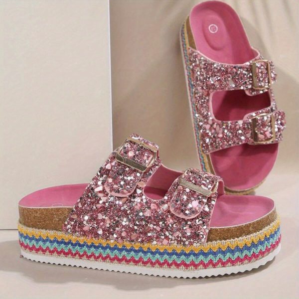 thick soled open toe sandals with rhinestone straps for the beach