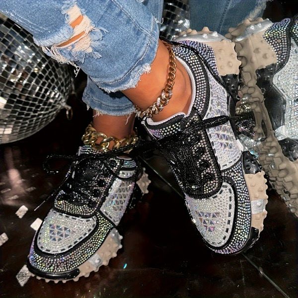 women's rhinestone embellished low top sneakers comfortable pu cover casual shoes with lace up closure, round toe & rubber sole for all season wear, allseason footwear | rhinestone embellished shoes | durable rubber sole