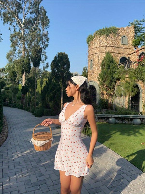 women mini dress cherry print deep v neck sleeveless dress summer casual a line dress