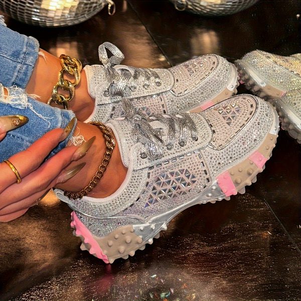 women's rhinestone embellished low top sneakers comfortable pu cover casual shoes with lace up closure, round toe & rubber sole for all season wear, allseason footwear | rhinestone embellished shoes | durable rubber sole