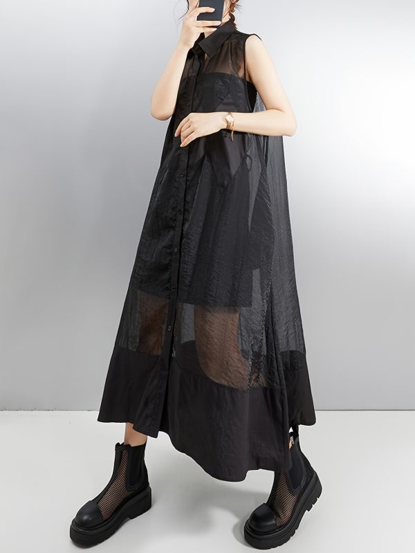 elegant organza vest dress lightweight elegant sleeveless organza vest dress | diamond pattern & mesh detail, black & white design | perfect for summer casual wear for women
