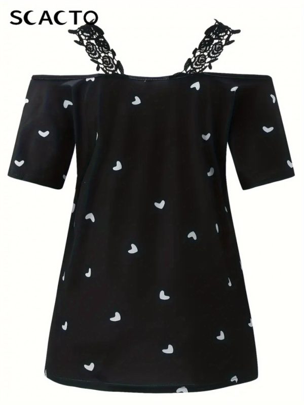 scacto woman's new summer black short sleeved lace heart print t shirt women's top