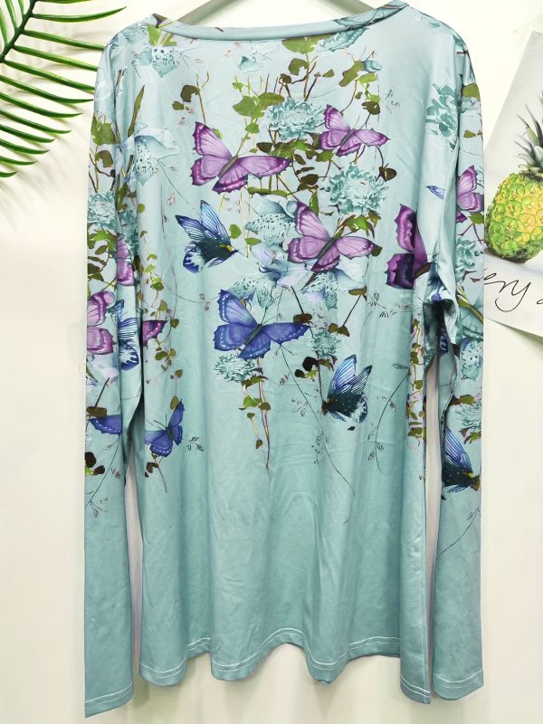 floral & butterfly print crew neck t shirt, casual long sleeve top for spring & fall, women's clothing