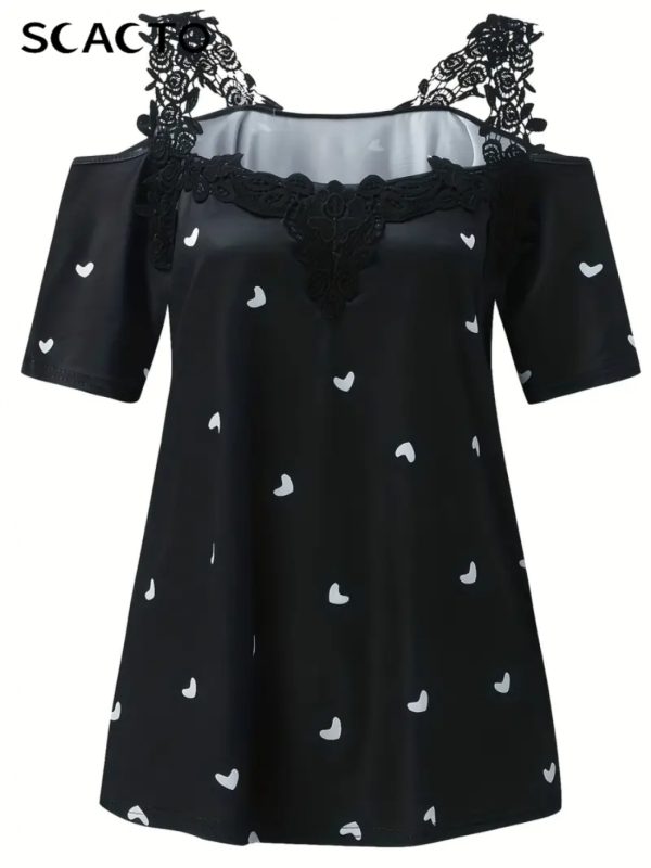 scacto woman's new summer black short sleeved lace heart print t shirt women's top
