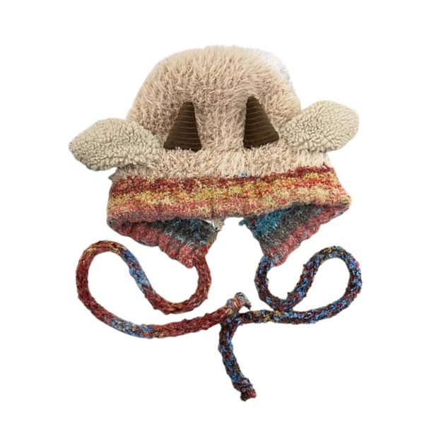 adult sheep hat with straps cute lamb ear flap furry beanie, thick lining & contrast color design, elastic crochet hat for daily wear & costume parties, hand washable