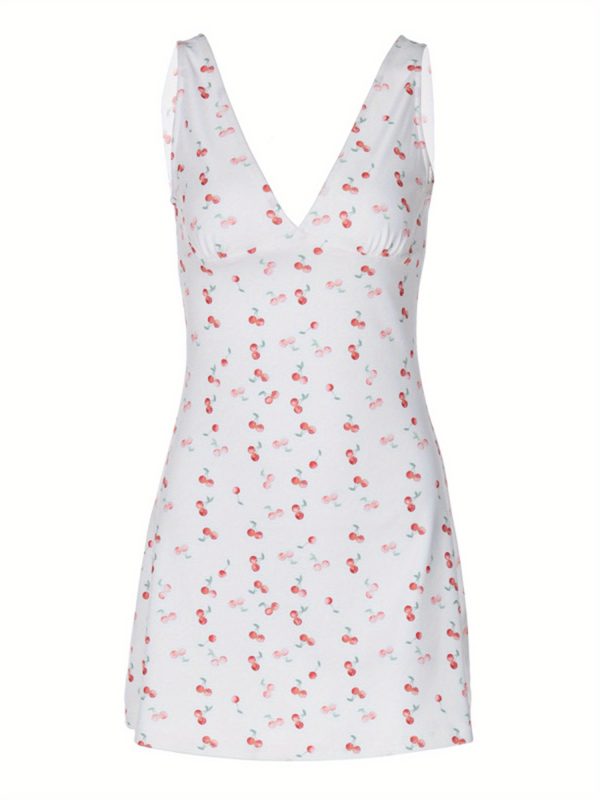 women mini dress cherry print deep v neck sleeveless dress summer casual a line dress