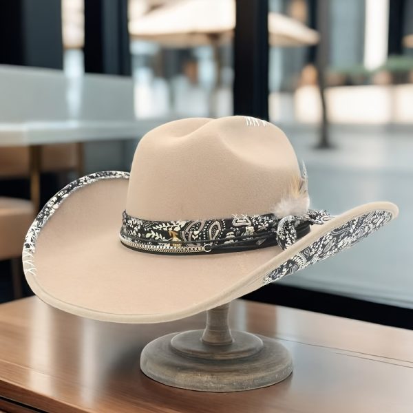 1pc oiernfe women's polyester cowboy hat with artificial feather, hand seam printed fabric, multi layer fashion chain, lightweight, non stretch, thanksgiving occasion, retro style