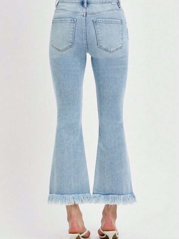 womens casual retro boho chic frayed hem flared bell bottom jeans high waist light blue wash ankle length distressed denim pants perfect for spring summer daily wear street style fashion