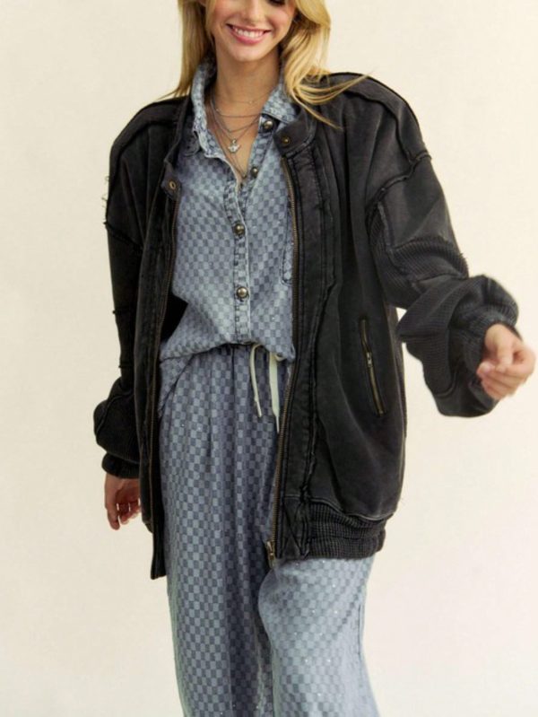 women's casual jacket vintage waffle knit exposed seam outerwear zipper closure black comfy cotton long sleeves relaxed fit mid length ideal for springu002ffallu002fwinter everyday wear